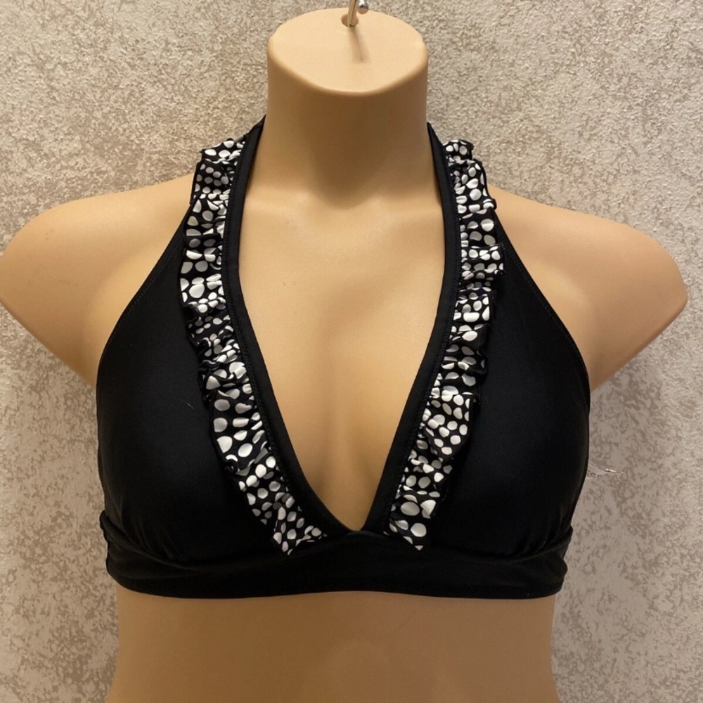 Beach Couture Black and White Polka Dot Halter Bikini Top